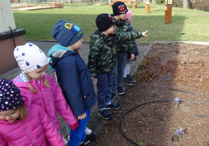 Ogród przedszkolny wczesną wiosną. Sześcioro dzieci obserwuje rośliny. Chłopiec wskazuje roślinę. W tle gry dydaktyczne dla dzieci.
