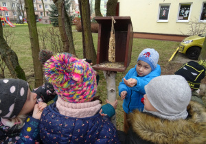 Dzieci mają w rączkach pożywienie dla ptaków.