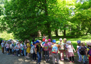 Dzieci wraz z przewodnikiem stoją wśród drzew.