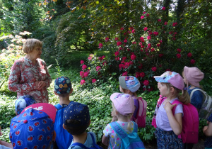 Dzieci wraz z przewodnikiem stoją przy różaneczniku.