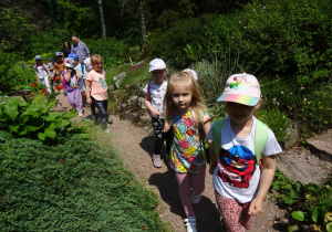 Dzieci wraz z opiekunami spacerują wśród roślinności.