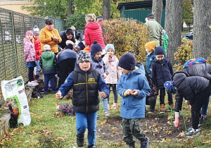 Przedszkolaki z dziadkami nasadzają rośliny.