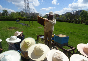 Dzieci w strojach pszczelarskich, pszczelarz i ul. Pszczelarz prezentuje ramkę z pszczołami.