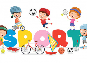 Dzieci wykonują ćwiczenia, napis sport.