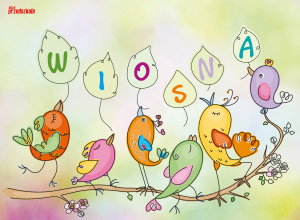 Ptaki i napis wiosna.